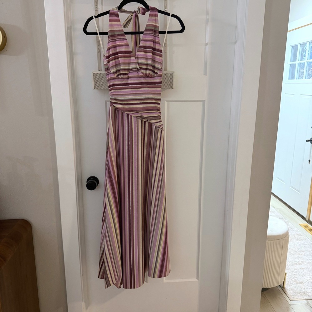Sovere Studio Sarina Halter Dress Orchid Purple Striped Midi XS NEW Boho Chic